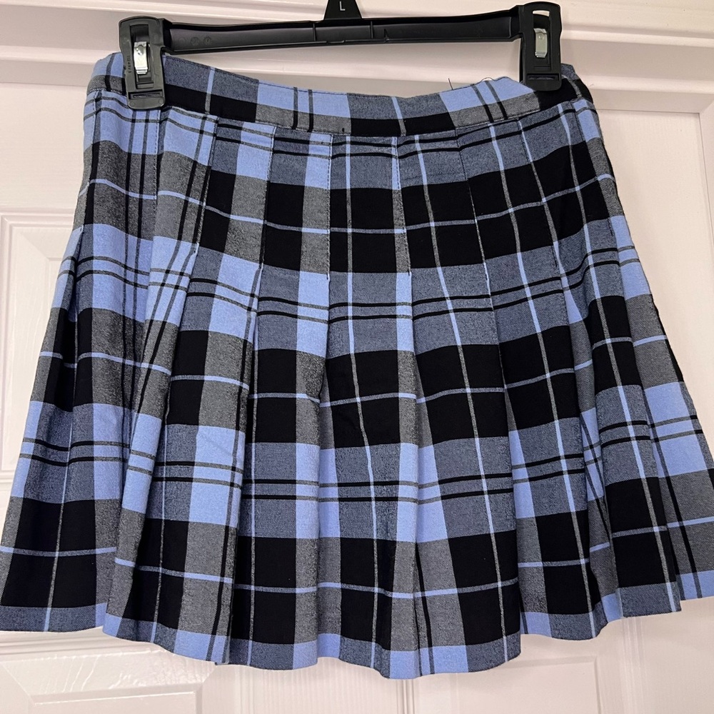 Y2K Plaid Pleated Skirt - Sz L Blue & Black Tartan Stripes Checkered